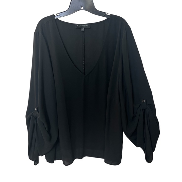 Eloquii Black Sheer Top Pull Up Snap Button Sleeves - Picture 7 of 13